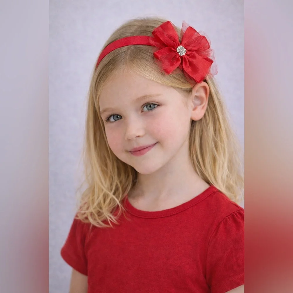 Kids Kapers Beautiful Red Satin Tulle Crystals Bow Hair Band Headband‎ NEW